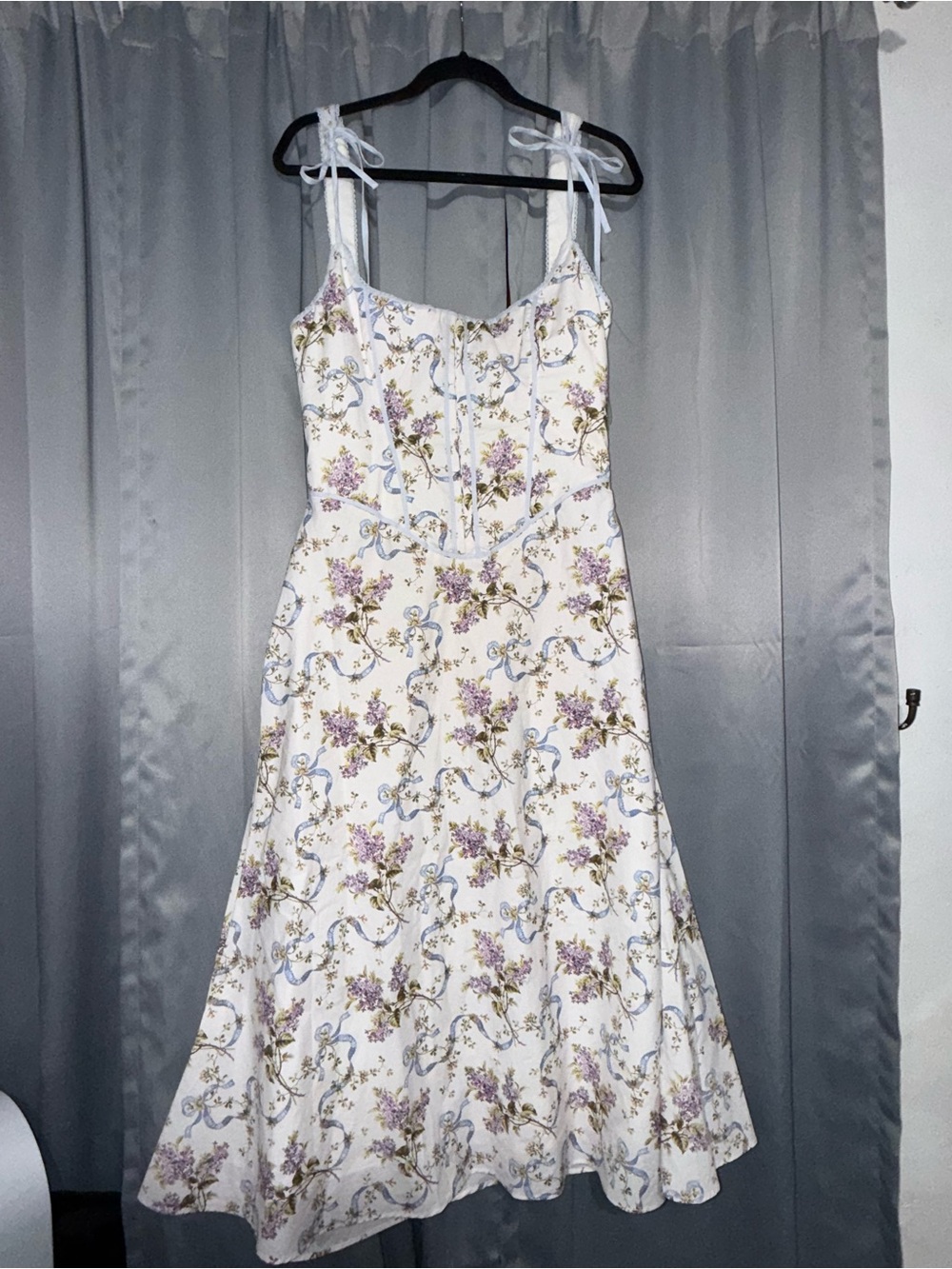 House of CB White Floral Tie-Shoulder Midi Dress with Lavender Print